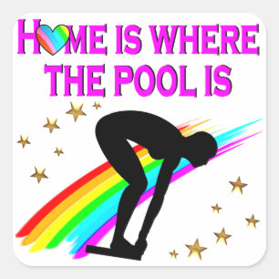 DER SCHWIMMER IST IMMER ZUM POOL BEREIT QUADRATISCHER AUFKLEBER