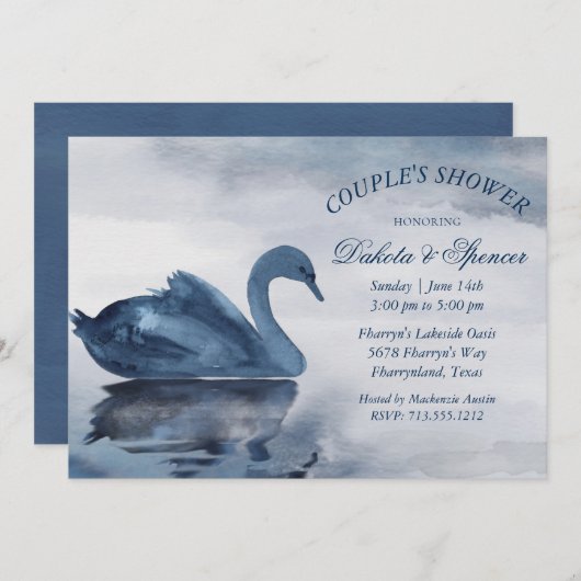 Der See | Dusty Blue Swan Couple Dusche Einladung (Vorne/Hinten)