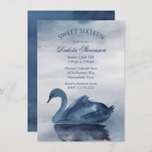 Der See | Dusty Blue Swan Sweet 16 Party Einladung (Vorne/Hinten)