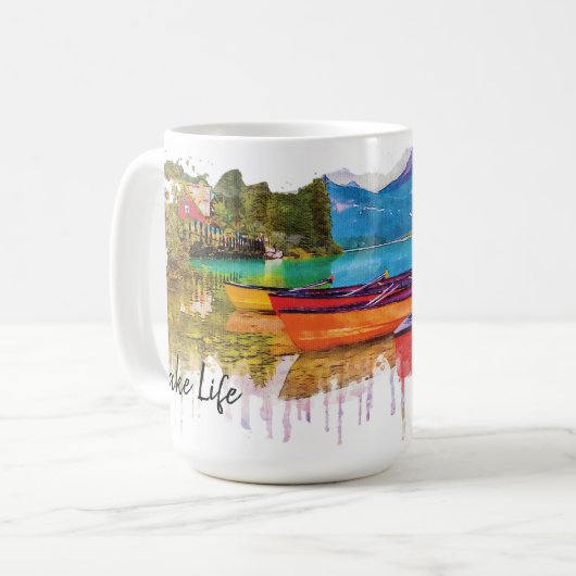 Der See, farbenfrohe Wasserfarbe Kaffeetasse (Vorderseite Links)
