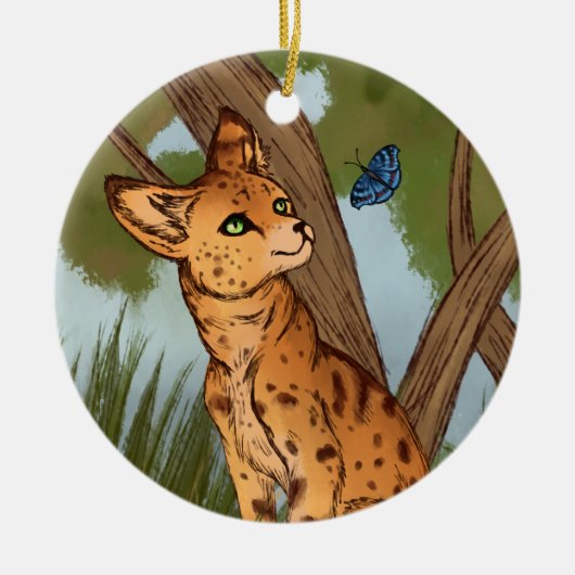 Der Serval und die Schmetterlinge Keramikornament (Vorne)