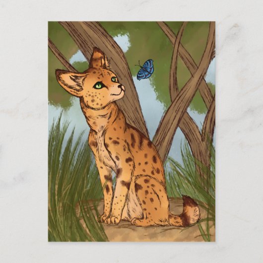 Der Serval und die Schmetterlinge Postkarte (Vorderseite)