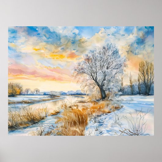Der Snowy Havel River mit Willowtree. Aquarell Poster (Vorne)