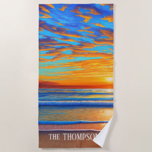 Der Sonnenuntergang des tropischen Strandes über d Strandtuch