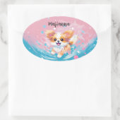 Der spielerische Papillon Pup: Splash of Pink and  Ovaler Aufkleber (Tasche)