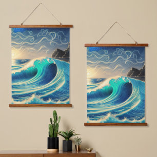 Der Splendor einer blauen Welle Wandteppich Mit Holzrahmen