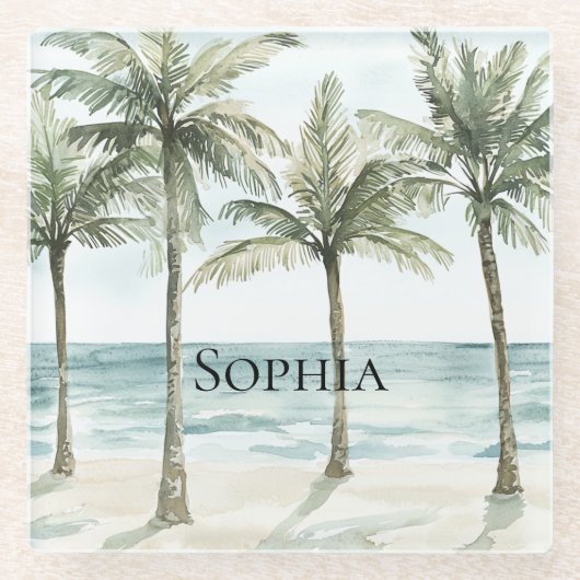 Der Strand des tropischen Palmen Glasuntersetzer (Vorderseite)