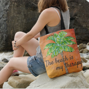 Der Strand ist meine Therapie Orange Tropical Palm Tragetaschen Mit Langen Trägern