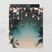 Der Strand von Palmen, der von glänzenden Lichtern Ankündigungspostkarte (Vorne/Hinten)