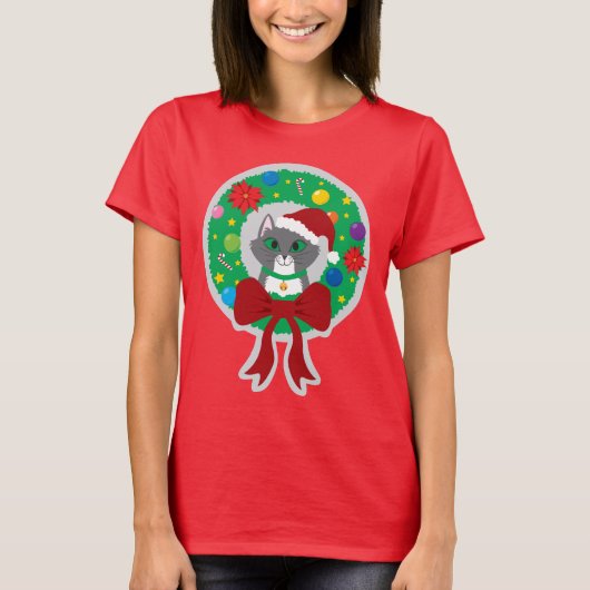 Der T - Shirt der Weihnachtswreath-Katzen-Frauen (Vorderseite)