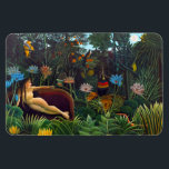 Der Traum (1910) des französischen Malers Henri Ro Magnet<br><div class="desc">Der Traum (1910) des französischen Malers Henri Rousseau. Der Traum ist der größte von Rousseaus Dschungelgemälden und auch seine letzte fertig gestellte Arbeit. Es zeigt ein fast surreales Portrait von Yadwigha, Rousseaus polnischer Herrin aus seiner Jugend. Sie liegt auf einem Diwan und blickt über eine Landschaft aus üppigem Dschungelblättern, einschließlich...</div>