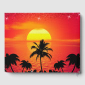 Der tropische Strand Sonnenuntergang Palmen und da Gästebuch (Rückseite)