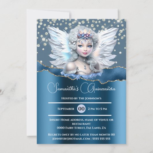 Der verzauberte Glitzer Quinceañera blu Einladung (Vorderseite)