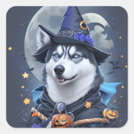 Der verzauberte Husky-Hund: Magische Halloween-Fre Quadratischer Aufkleber