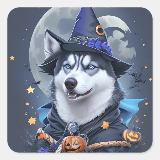Der verzauberte Husky-Hund: Magische Halloween-Fre Quadratischer Aufkleber (Vorderseite)