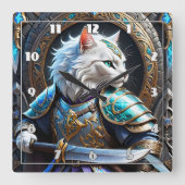 Der verzauberte Katzenkrieger im dekorativen Rüstu Quadratische Wanduhr (Vorderseite)