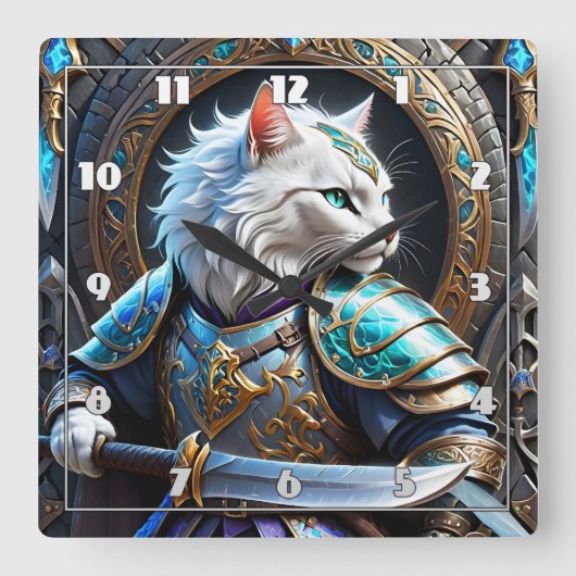Der verzauberte Katzenkrieger im dekorativen Rüstu Quadratische Wanduhr (Vorderseite)