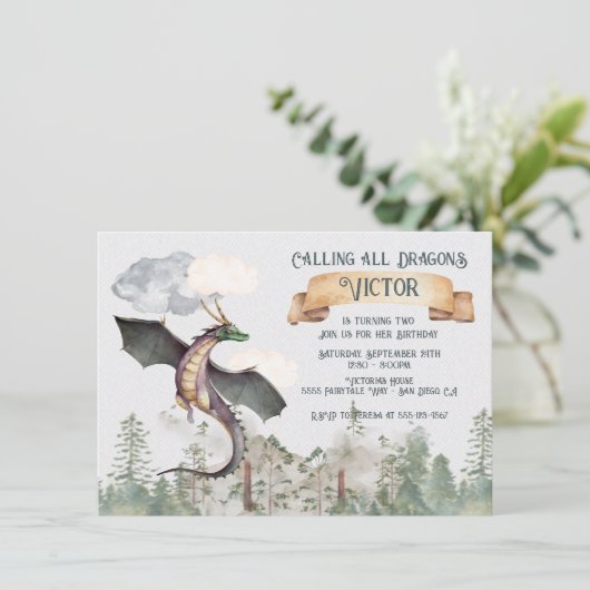 Der verzauberte Märchenwalddrache zum Geburtstag Einladung (Stehend Vorderseite)