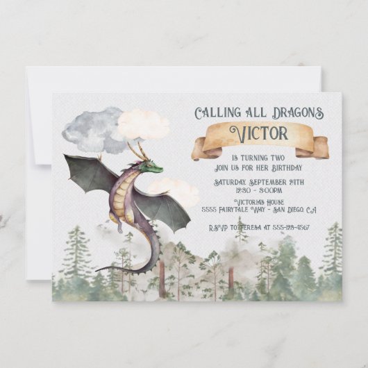 Der verzauberte Märchenwalddrache zum Geburtstag Einladung (Vorderseite)