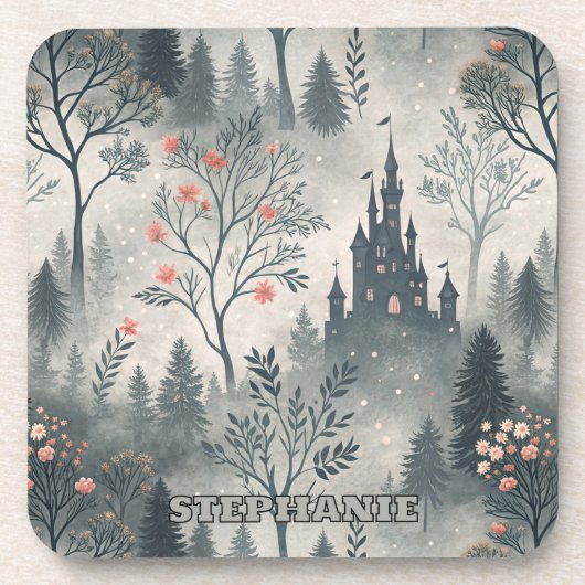 Der verzauberte Misty Forest mit dunklem Schloss - Getränkeuntersetzer (Vorderseite)