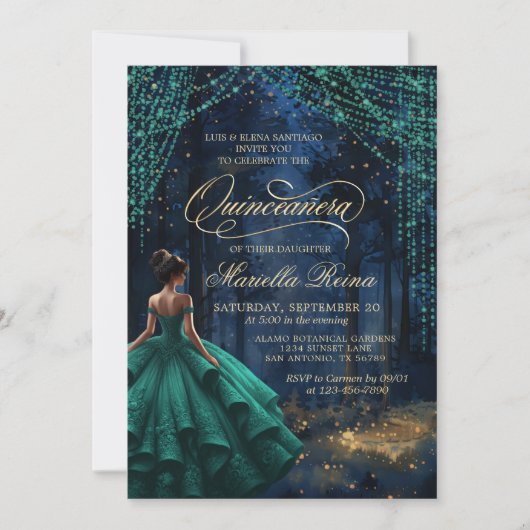 Der verzauberte Wald Emerald Green Quinceañera Einladung (Vorderseite)