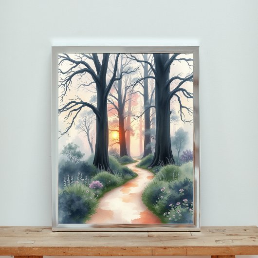 Der verzauberte Waldweg bei Sonnenuntergang Poster