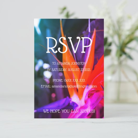 Der Vogel der paradiesischen Blume farbenfroh RSVP Karte (Stehend Vorderseite)