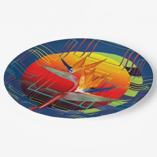 Der Vogel der Paradise Blume Geometrischer Garten Pappteller (Schrägansicht)