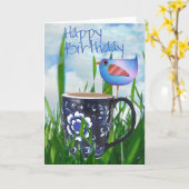 Der Vogel des Kaffeegeschäfts glücklich zum Geburt Karte (Gelbe Blume)