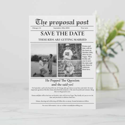 Der Vorschlag Post Zeitung Hochzeit speichern Sie  Einladung (Stehend Vorderseite)