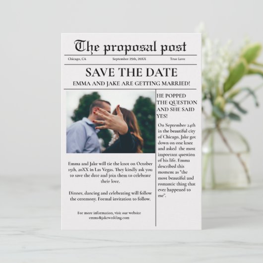 Der Vorschlag Post Zeitung Hochzeit speichern Sie Einladung (Stehend Vorderseite)