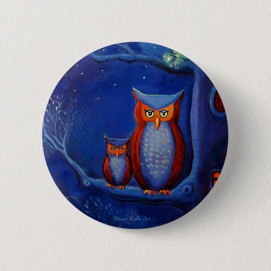 "Der Wald nachts: " Eulenkunstknopf Button (Vorderseite)
