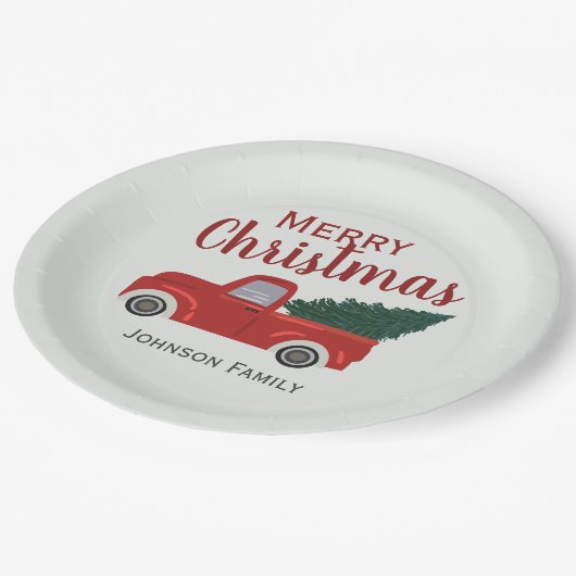Der Weihnachtsbaum des Roten Trucks personalisiert Pappteller (Schrägansicht)
