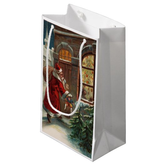 Der Weihnachtsmann an der Tür Geschenktasche Kleine Geschenktüte (Vorderseite Schrägansicht)