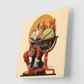 Der Weihnachtsmann auf dem Globus Quadratische Wanduhr (Winkel)