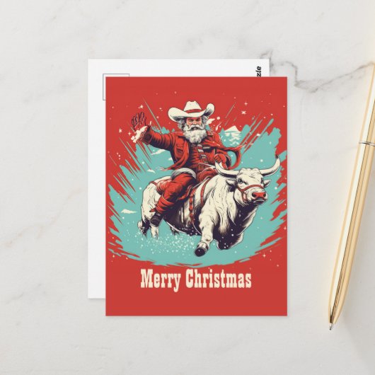 Der Weihnachtsmann auf dem Rodeo Bull Reiten Postkarte (Vorderseite/Rückseite Beispiel)