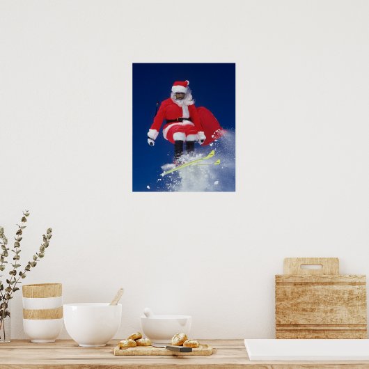 Der Weihnachtsmann auf Skiern springt von einem Ko Poster (Küche)