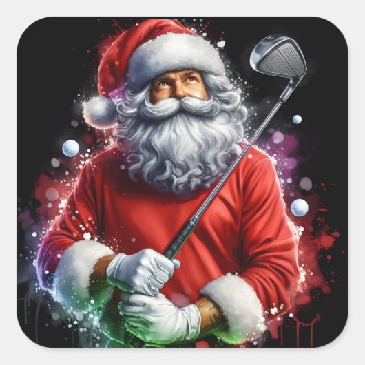 Der Weihnachtsmann beim Golfspielen Quadratischer Aufkleber (Vorderseite)