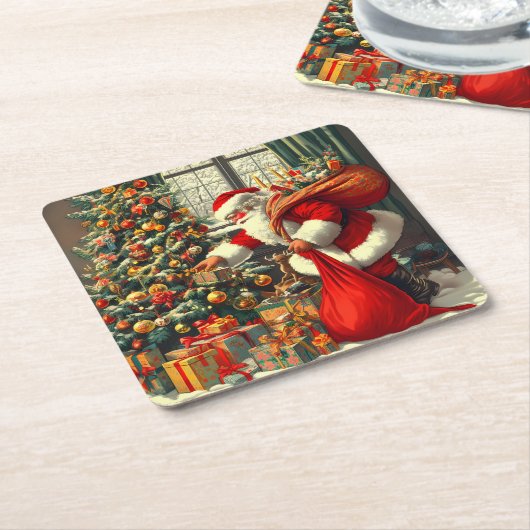 Der Weihnachtsmann bringt den Kindern Freude Rechteckiger Pappuntersetzer (angewinkelt)