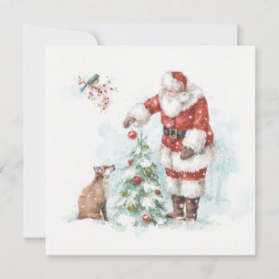 Der Weihnachtsmann dekoriert einen Baum mit seinem Feiertagskarte