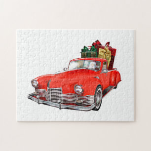 Der Weihnachtsmann fährt ein Retro-Auto mit Beglei Puzzle
