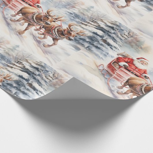 Der Weihnachtsmann fährt fröhlich durch einen vers Geschenkpapier (Ecke)