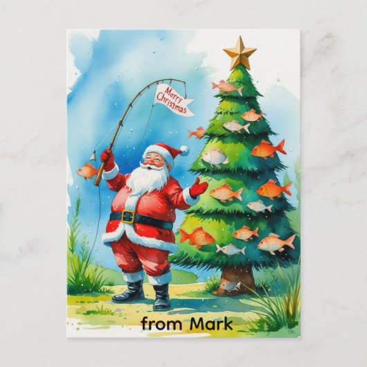 Der Weihnachtsmann fischt am Weihnachtsfeiertag Feiertagspostkarte (Vorderseite)