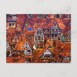 Der Weihnachtsmann fliegt über ein Lebkuchendorf Postkarte