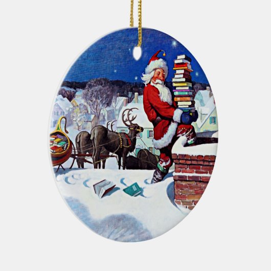 Der Weihnachtsmann geht mit Büchern den Schornstei Keramik Ornament (Rechts)
