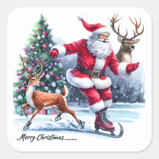 Der Weihnachtsmann genießt Eis-Skaten mit einem Re Quadratischer Aufkleber (Vorderseite)