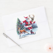 Der Weihnachtsmann genießt Eis-Skaten mit einem Re Quadratischer Aufkleber (Umschlag)