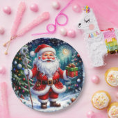 Der Weihnachtsmann hält ein Geschenk an einem magi Pappteller (Party)