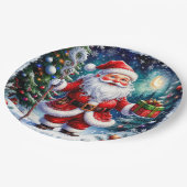 Der Weihnachtsmann hält ein Geschenk an einem magi Pappteller (Schrägansicht)