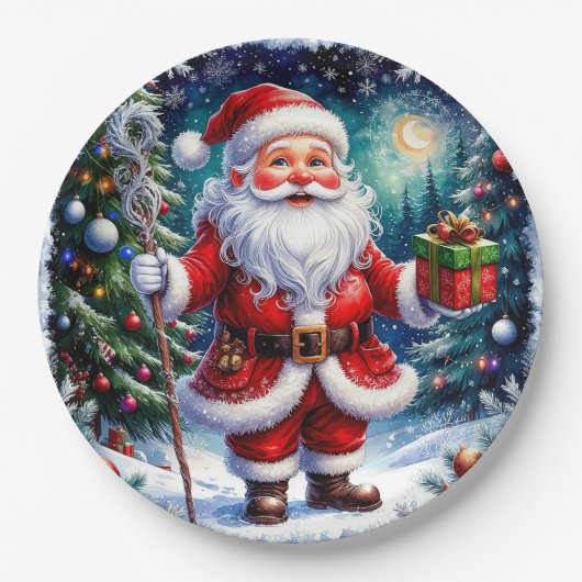 Der Weihnachtsmann hält ein Geschenk an einem magi Pappteller (Vorderseite)